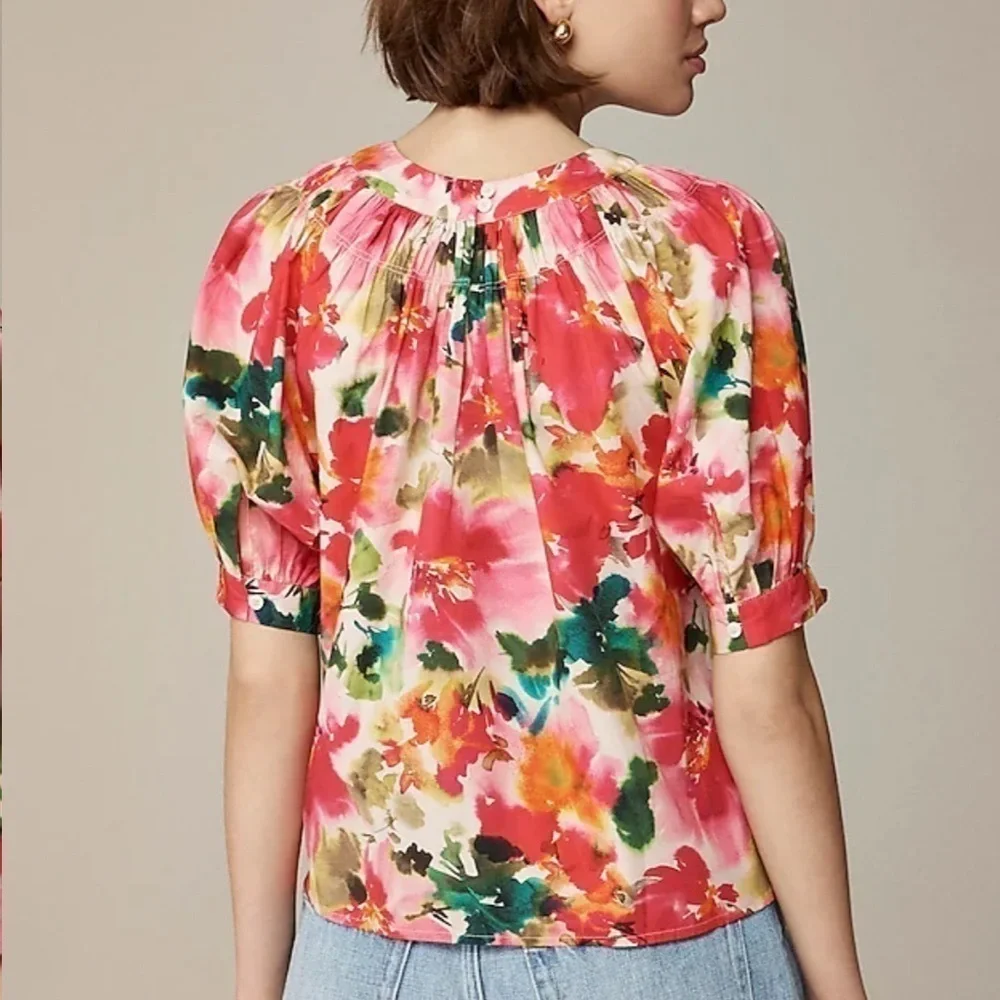J crew Smock-neck puff-sleeve top in floral cotton poplin